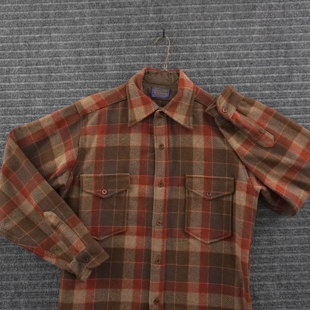 Vintage 70s Pendleton Button Down Shirt Mens L Brown Plaid Virgin Wool USA